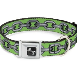Dog Bone Seatbelt Buckle Collar - Metal Chain Green/Gray