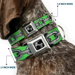 Dog Bone Seatbelt Buckle Collar - Metal Chain Green/Gray