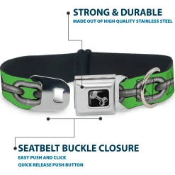 Dog Bone Seatbelt Buckle Collar - Metal Chain Green/Gray