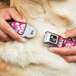 Dog Bone Seatbelt Buckle Collar - Hibiscus Neon Pink/White