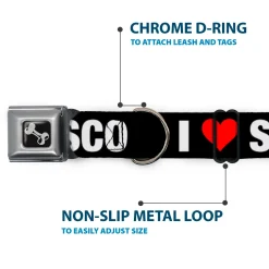 Dog Bone Seatbelt Buckle Collar - I "HEART" SAN FRANCISCO Black/White/Red