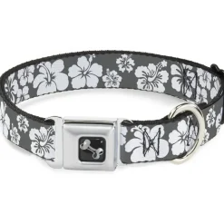 Dog Bone Seatbelt Buckle Collar - Hibiscus Gray/White