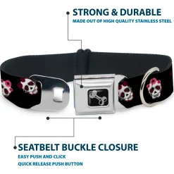 Dog Bone Seatbelt Buckle Collar - Staggered Sugar Skulls Black/Pink/White