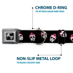 Dog Bone Seatbelt Buckle Collar - Staggered Sugar Skulls Black/Pink/White