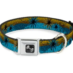 Dog Bone Seatbelt Buckle Collar - Palm Trees & Gulls Leopard Brown/Blue