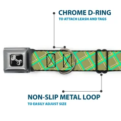 Dog Bone Seatbelt Buckle Collar - Wire Grid Tan/Green/Yellow