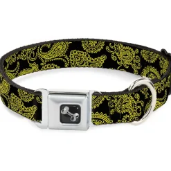 Dog Bone Seatbelt Buckle Collar - Paisley Black/Neon Yellow