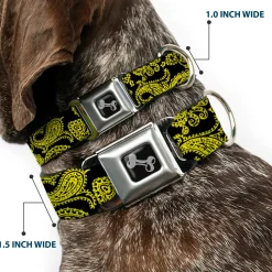 Dog Bone Seatbelt Buckle Collar - Paisley Black/Neon Yellow