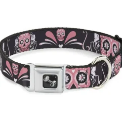 Dog Bone Seatbelt Buckle Collar - Sugar Skulls Gray/Pink