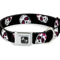 Dog Bone Seatbelt Buckle Collar - Staggered Sugar Skulls Black/White/Pink