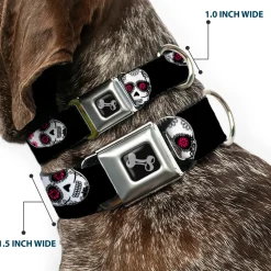 Dog Bone Seatbelt Buckle Collar - Staggered Sugar Skulls Black/White/Pink