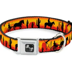 Dog Bone Seatbelt Buckle Collar - Cowboy Silhouette/Western Landscape Reds/Black