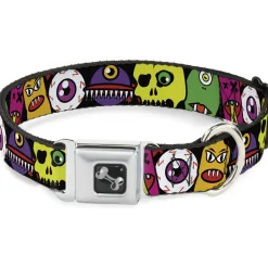 Dog Bone Seatbelt Buckle Collar - Monsters CLOSE-UP Black