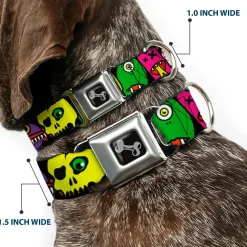 Dog Bone Seatbelt Buckle Collar - Monsters CLOSE-UP Black