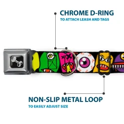 Dog Bone Seatbelt Buckle Collar - Monsters CLOSE-UP Black