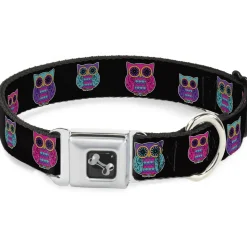 Dog Bone Seatbelt Buckle Collar - Owls Black/Fuchsia/Purple/Turquoise