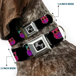 Dog Bone Seatbelt Buckle Collar - Owls Black/Fuchsia/Purple/Turquoise