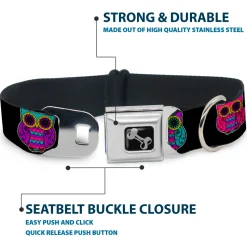 Dog Bone Seatbelt Buckle Collar - Owls Black/Fuchsia/Purple/Turquoise