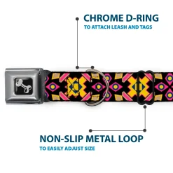 Dog Bone Seatbelt Buckle Collar - Geometric Sunburst Black/Pink/Yellow/Blue