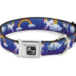 Dog Bone Seatbelt Buckle Collar - Unicorns/Rainbows/Stars Blue/Purple