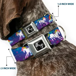 Dog Bone Seatbelt Buckle Collar - Unicorns/Rainbows/Stars Blue/Purple