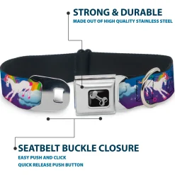 Dog Bone Seatbelt Buckle Collar - Unicorns/Rainbows/Stars Blue/Purple