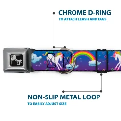 Dog Bone Seatbelt Buckle Collar - Unicorns/Rainbows/Stars Blue/Purple