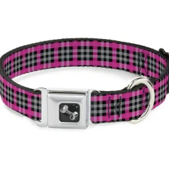 Dog Bone Seatbelt Buckle Collar - Plaid Black/Gray/Fuchsia