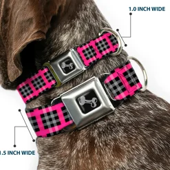 Dog Bone Seatbelt Buckle Collar - Plaid Black/Gray/Fuchsia