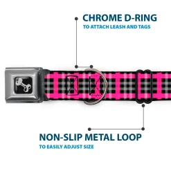 Dog Bone Seatbelt Buckle Collar - Plaid Black/Gray/Fuchsia