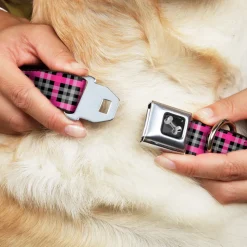 Dog Bone Seatbelt Buckle Collar - Plaid Black/Gray/Fuchsia