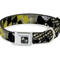 Dog Bone Seatbelt Buckle Collar - Grunge Checker Flag Green
