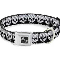Dog Bone Seatbelt Buckle Collar - Checker & Stripe Skulls Black/White/Gray