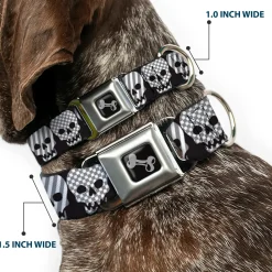 Dog Bone Seatbelt Buckle Collar - Checker & Stripe Skulls Black/White/Gray