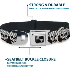 Dog Bone Seatbelt Buckle Collar - Checker & Stripe Skulls Black/White/Gray