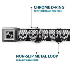 Dog Bone Seatbelt Buckle Collar - Checker & Stripe Skulls Black/White/Gray