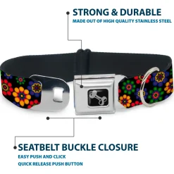 Dog Bone Seatbelt Buckle Collar - Psychedelic Daisies Black/Multi Color