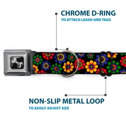 Dog Bone Seatbelt Buckle Collar - Psychedelic Daisies Black/Multi Color