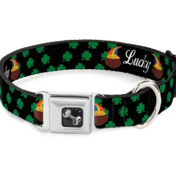 Dog Bone Seatbelt Buckle Collar - St. Pat's LUCKY Pot of Gold/Shamrocks Scattered Black/Green/White