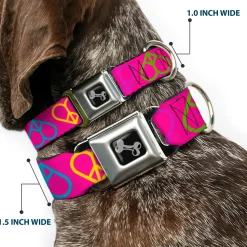 Dog Bone Seatbelt Buckle Collar - Peace Hearts Repeat Fuchsia/Neon