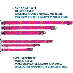 Dog Bone Seatbelt Buckle Collar - Peace Hearts Repeat Fuchsia/Neon