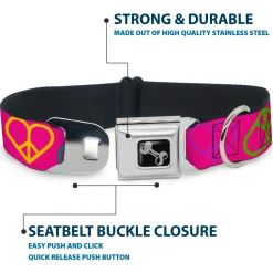 Dog Bone Seatbelt Buckle Collar - Peace Hearts Repeat Fuchsia/Neon