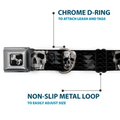 Dog Bone Seatbelt Buckle Collar - Geometric 3-D Skull Face/Chevron Black/Grays/White