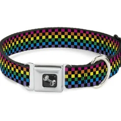 Dog Bone Seatbelt Buckle Collar - Checker Black/Neon Rainbow