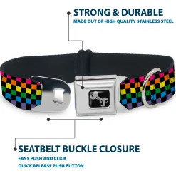 Dog Bone Seatbelt Buckle Collar - Checker Black/Neon Rainbow