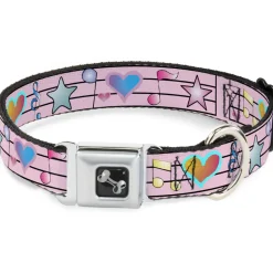 Dog Bone Seatbelt Buckle Collar - Music Notes Pink