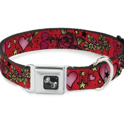 Dog Bone Seatbelt Buckle Collar - Mom & Dad CLOSE-UP Red