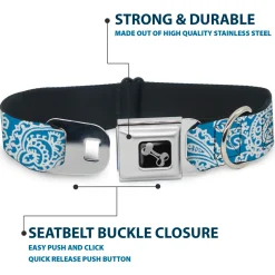 Dog Bone Seatbelt Buckle Collar - Bandana/Skulls Baby Blue/White
