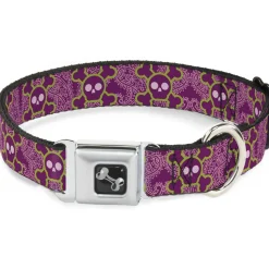 Dog Bone Seatbelt Buckle Collar - Cute Skulls w/Paisley Purple/Pink/Green