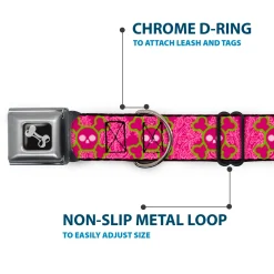 Dog Bone Seatbelt Buckle Collar - Cute Skulls w/Paisley Purple/Pink/Green